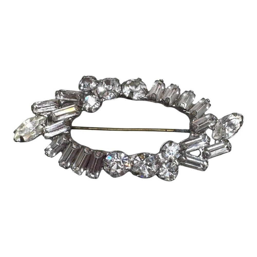 Vintage Weiss Rhinestone Oval Brooch Statement Baguette Elegant Crystal Pin 2.5"
